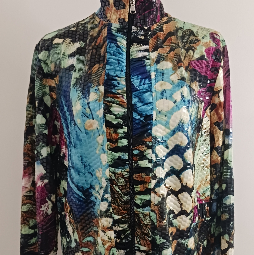 Erm London Blue and Brown Bomber Jacket with Artistic Print